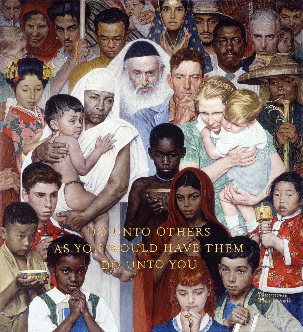 Norman Rockwell, Golden Rule dipinto su cui è modellato il mosaico esposto all’ONU, realizzato nel 1985 da vetrai veneziani.